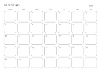 Fototapeta na wymiar February 2023 simple design digital and printable calendar template illustration. Notes, scheduler, diary, calendar, memo, planner document template background. 