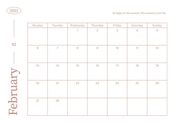 February 2023 simple design digital and printable calendar template illustration. Notes, scheduler, diary, calendar, memo, planner document template background. 