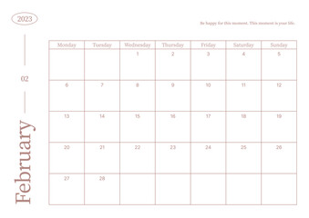 February 2023 simple design digital and printable calendar template illustration. Notes, scheduler, diary, calendar, memo, planner document template background. 