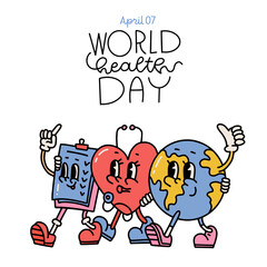 Retro cartoon characters heart, planet and check-test folder fun go and hug. World health day greeting card or banner template. 70s Groovy contour vector illustration.