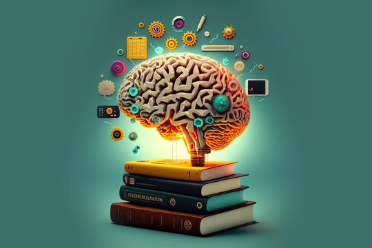 Concept of education and success. Online education, new idea. Collage with a brain, gears, book. Generative Ai technology.
