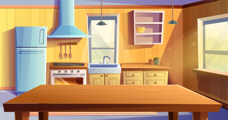 Vector cartoon style illustration of kitchen room. Dining room with dining wooden table. Fridge, oven with a stove and hob, sink, kabinets and extractor hood. © Real Vector