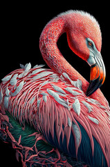 Flamingo on a dark background. illustration of a flamingo. Generative AI