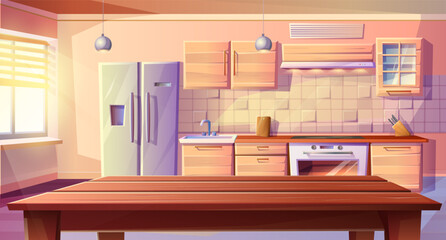 Modern vector cartoon style illustration of kitchen room  dining table, with fridge, oven with a stove and hob, sink, kabinets and extractor hood with kitchen appliances.