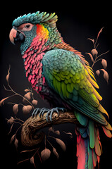 Tropical parrot sitting on a branch with flowers. Hand drawn illustration. Generative AI