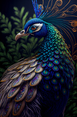 Obraz premium Beautiful peacock on a black background. Illustration for your design. Generative AI