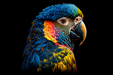 Obraz premium Colorful macaw parrot isolated on black background. Generative AI