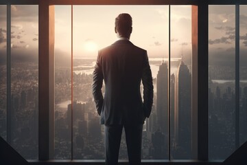 a business man stands in front of a huge window on the top floor of a skyscraper and looks at the morning sunny city