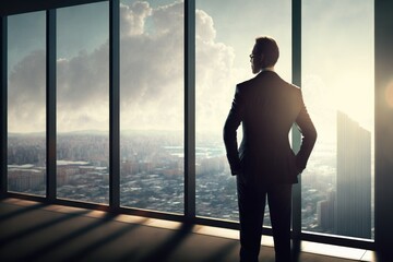Fototapeta premium a business man stands in front of a huge window on the top floor of a skyscraper and looks at the morning sunny city