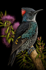 3D rendering of a beautiful bird sitting on a branch with flowers. Generative AI