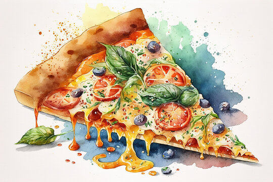 Watercolor pizza isolated on white. AI generated image