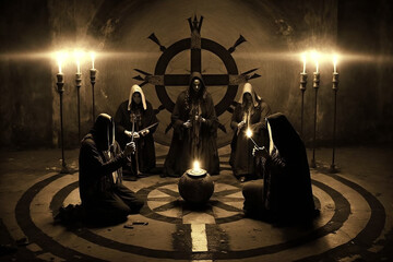 evil cult members performing secret dark rituals