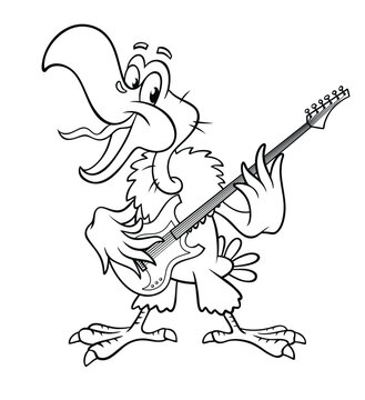 Vector outline image isolated on white. Cheerful cartoon Cheerful cartoon vulture sings a song. Vulture plays the electric guitar.