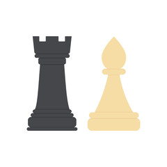 Chess pieces rook and bishop. Black and white Chessmen figures. Colored icon for playing chess. Vector illustration on white background