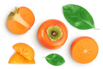 Persimmon fruit isolated on white background with full depth of field. Top view. Flat lay
