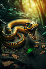 closeup portrait of attacking cobra in jungle
