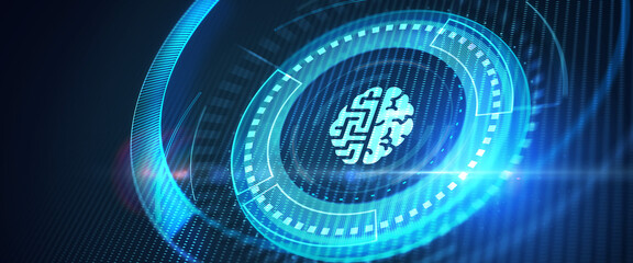 Artificial intelligence (AI), machine learning and modern computer technologies concepts. Business, Technology, Internet and network concept.  3d illustration