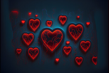 Fototapeta na wymiar blue background with red neon hearts made with Generative AI technology