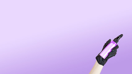A hand with a black rubber glove holding hair care product spray on a violet gradient background. Banner