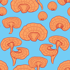 Seamless pattern with hand drawn reishi. Ganoderma mushroom background. Vector illustration.