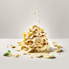 Italian pasta with cheese and cream sauce on white background