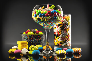 Set of Candies in Glass candy Jars over Black Background, Generative AI