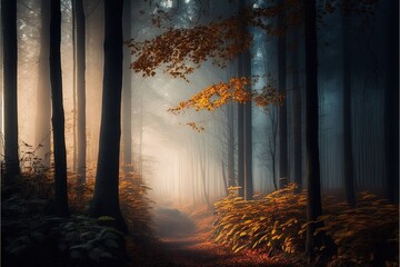 Dawn in the autumn foggy forest in high resolution, walk, fresh air, dew, get lost, coolness, yellow leaves, dream, illustration, trees, warm colors, abstract, landscape, hills, magic, season. AI