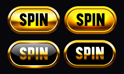 Spin button set. Golden buttons for online casino. Vector clipart isolated on black background. - obrazy, fototapety, plakaty