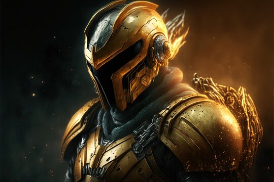 Elite space soldier in golden armor, 8k, stylish wallpaper, avatar, high resolution, warrior, hero, soldier of the future, honor, courage, merit, galaxy,intergalactic wars, star battles, technology.AI