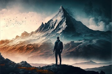 Man standing on a hill near picturesque snowy mountains, wanderer, 8k, success, king of the hill, conquering the world, thick clouds, snow, dawn, challenge, nature, sports, recreation. AI