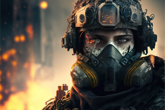 Stylish illustration of a female soldier in modern military equipment, look, strength, honor, courage, tasks, risk, danger. on the verge, an explosion behind your back, a respirator, polluted air. AI