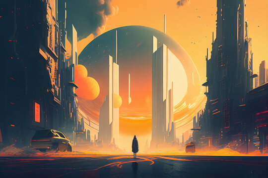 Futuristic city generated by artificial intelligence 3D rendering.