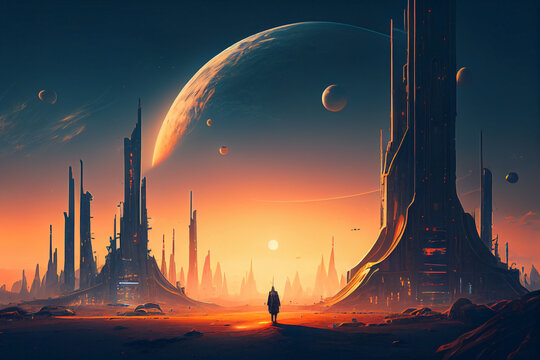 Futuristic city generated by artificial intelligence 3D rendering.
