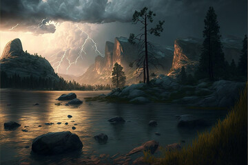 Dramatic Landscape Illustration with cloudy skies and beautiful nature. Ai generated
