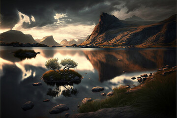 Fototapeta na wymiar Dramatic Landscape Illustration with cloudy skies and beautiful nature. Ai generated