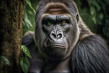 Obraz premium Adult gorilla hiding behind a tree in the jungle, Generative AI