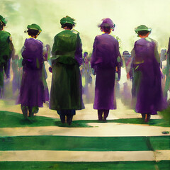 Suffragette March Women's Rights Group Purple White Green Organised Rally Demonstration Abstract Generative AI Tools Technology illustration	 - 567465393