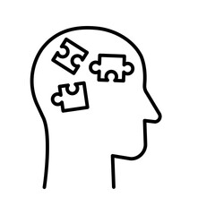 Human head with jigsaw puzzle piece. Pictogram isolated on white background.