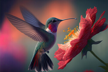 Hummingbird flying next to beautiful flower