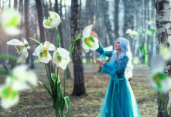 a young beautiful woman in a blue long dress with long blue hair collects snowdrop primroses. Fairy...