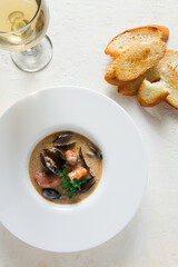 Seafood, shrimp and mussels, in creamy garlic sauce, homemade, no people,