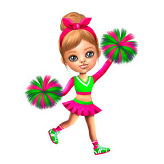 Illustration of a cheerleader girl, a sports girl, a cheerleader girl, an athlete girl in a green and pink uniform with pompoms