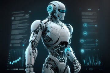 Obraz na płótnie Canvas white humanoid robot ,Futuristic vector blue hologram on the background ,Futuristic user interface with digital infographics and data charts vector electronic scifi hologram concept,Generative a