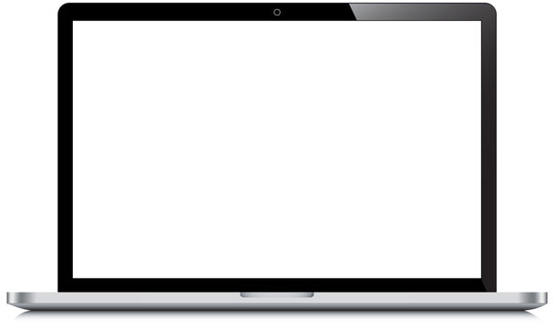 Realistic laptop open incline 90 degree isolated on background. Computer notebook with empty screen template. Blank space display on mobile computer layout. concept illustration