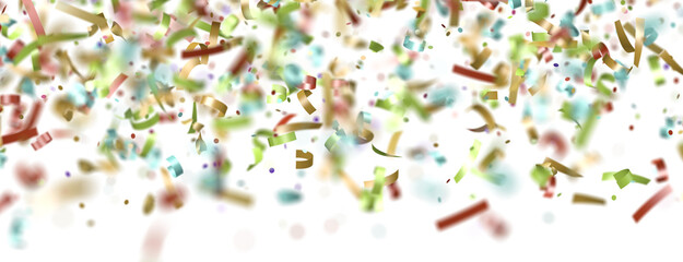 Multicolored paper confetti on transparent background. Realistic confetti flying. Colorful scattered items to holiday decorations.