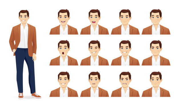 Handsome business young man in casual clothes with different facial expressions set vector illustration isolated