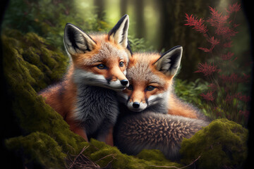 Fototapeta premium Wild baby red foxes cuddling in the forest