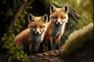Naklejka premium Wild baby red foxes cuddling in the forest
