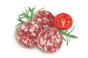 Cured salami sausage slices isolated on white background. Italian cuisine with full depth of field. Top view. Flat lay.