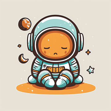 Sad or tired baby astronaut floating in space on a color background. Generative AI